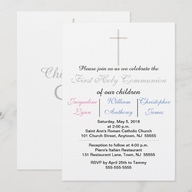 First Holy Communion Blue Pink Triplets Invitation (Front/Back)