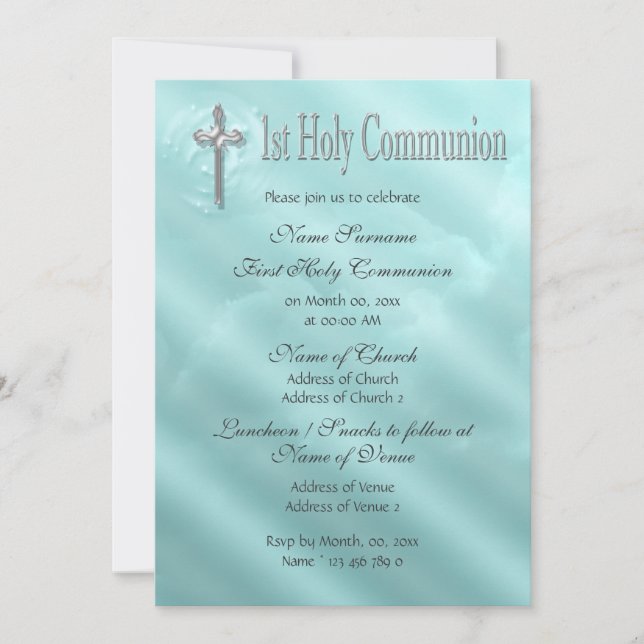 First holy communion blue religious invitation (Front)