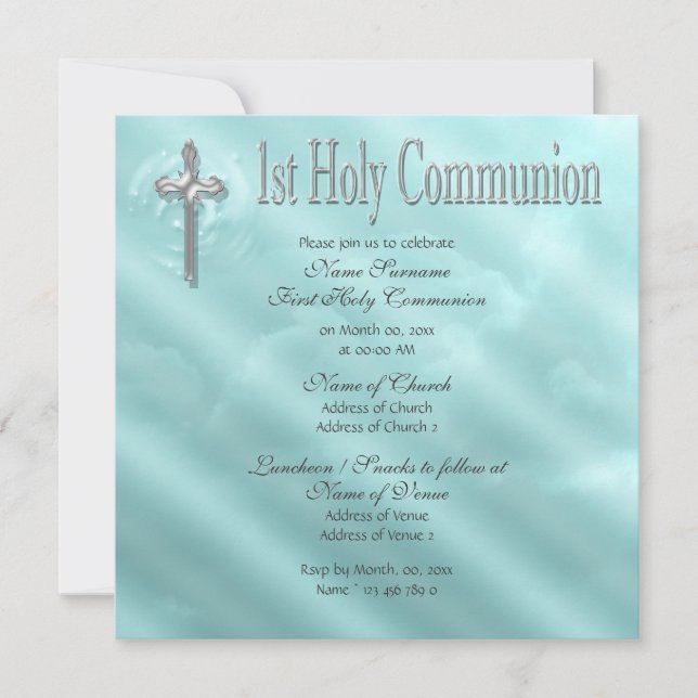 First holy communion blue religious invitation (Front)
