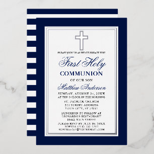 First Holy Communion Blue Stripes Cross Silver