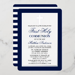 First Holy Communion Blue Stripes Silver Frame