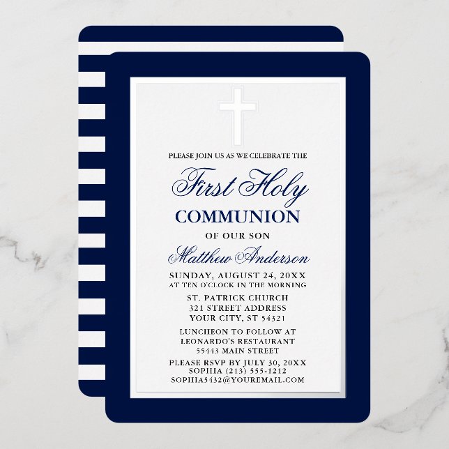 First Holy Communion Blue Stripes Silver Frame (Front/Back)