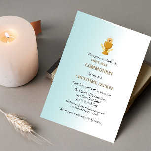 First holy communion blue watercolor splash invitation