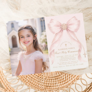 First Holy Communion Blush Pink Bow Christian Invitation