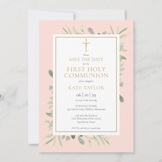 First Holy Communion Blush Pink Greenery Save The Date (Front)
