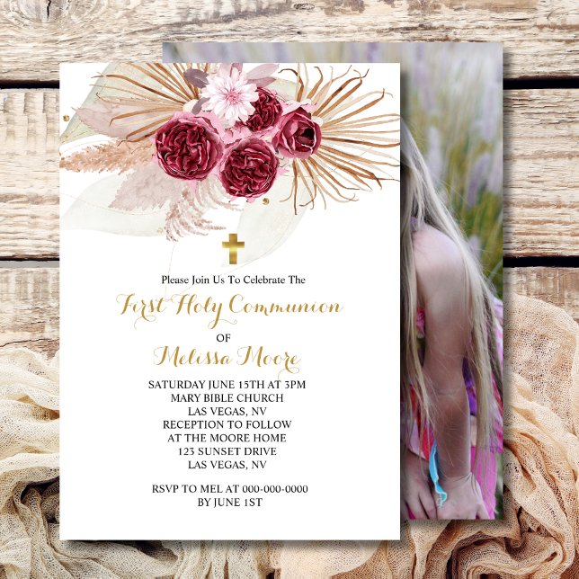 First Holy Communion Boho Burgundy Pampas Grass  Invitation (Creator Uploaded)