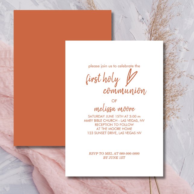 First Holy Communion Boho Modern Heart Terracotta Invitation (Creator Uploaded)