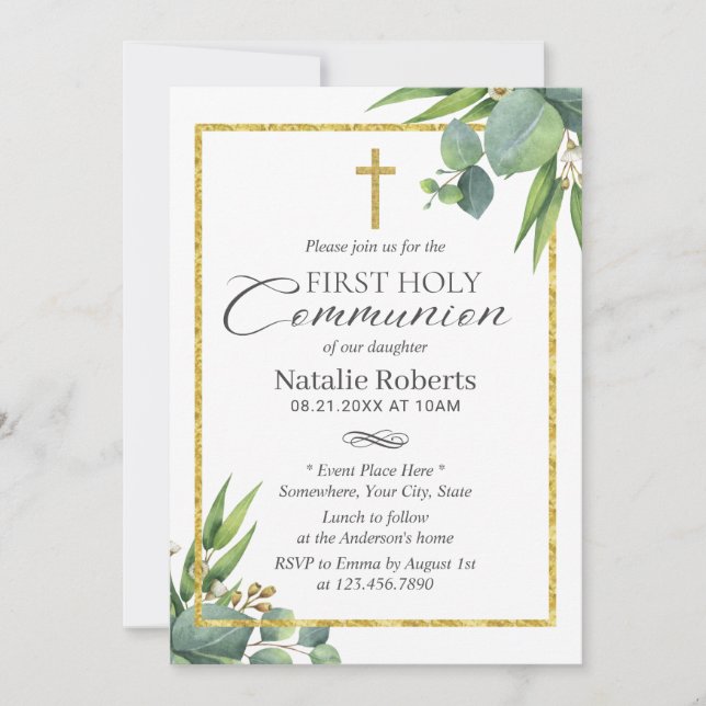 First Holy Communion Botanical Foliage Gold Frame Invitation (Front)