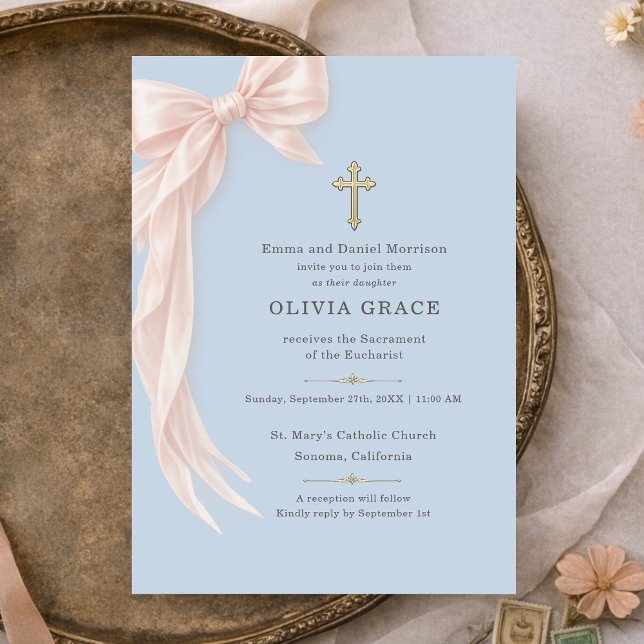 First Holy Communion Bow Girl Baby Blue  Invitation (Creator Uploaded)