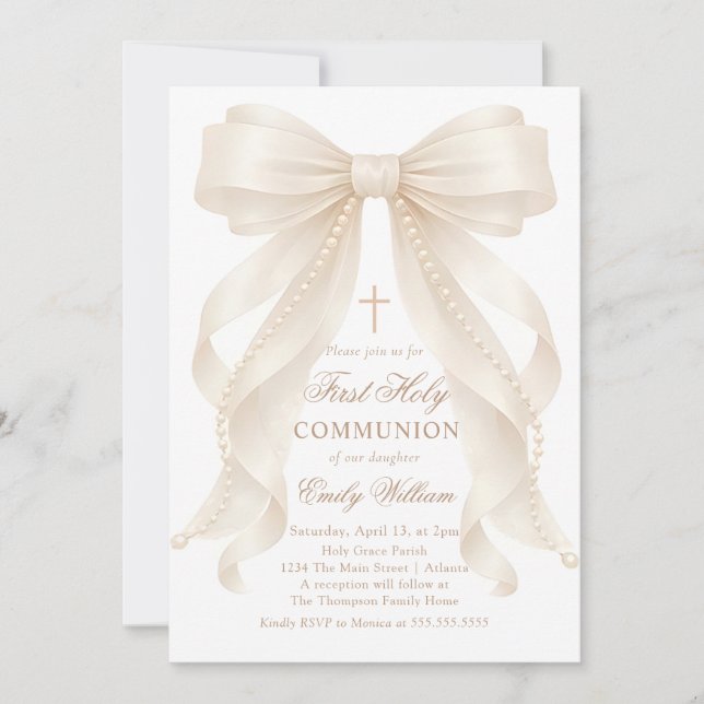 First Holy Communion Bow Pearls Invitation (Front)