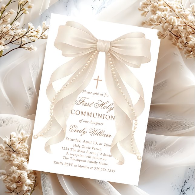 First Holy Communion Bow Pearls Invitation (Creator Uploaded)
