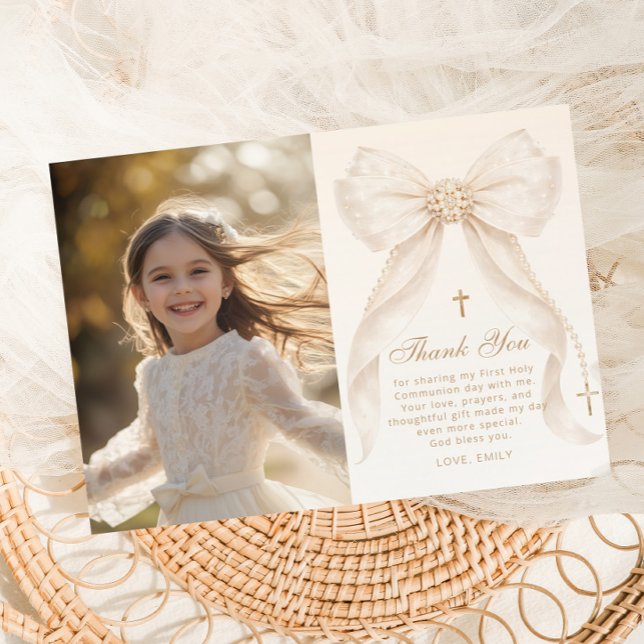 First Holy Communion Bow Photo Thank you Card (Creator Uploaded)