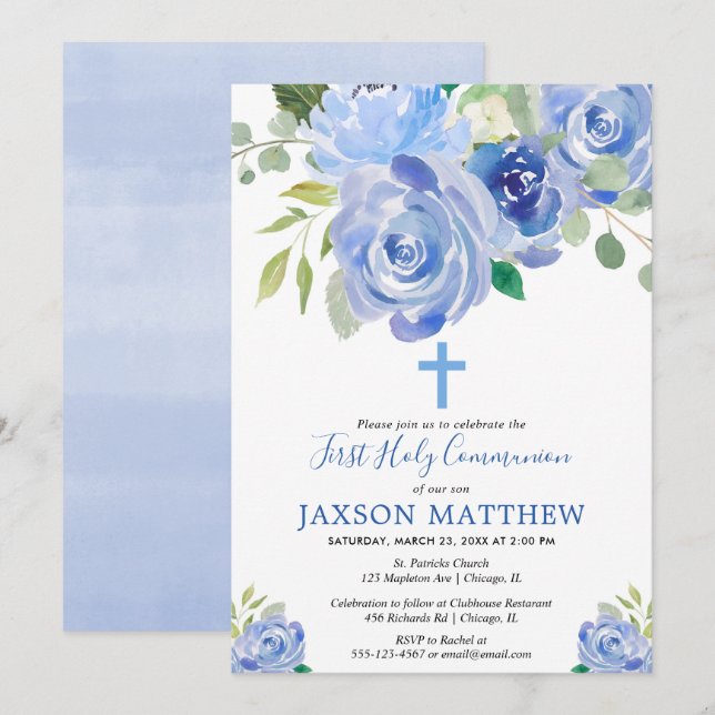 First Holy Communion boy blue floral watercolors Invitation (Front/Back)