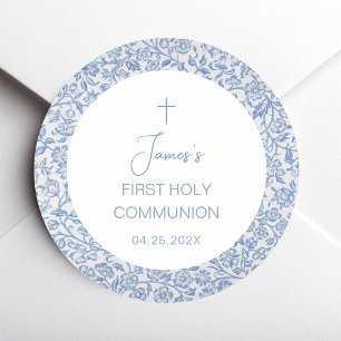 First Holy Communion Boy Blue White Floral Pattern Classic Round Sticker