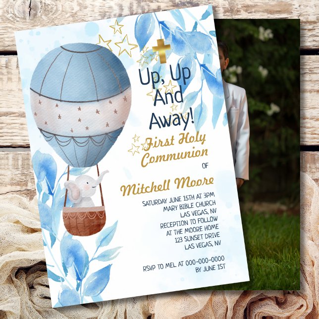 First Holy Communion Boy Hot Air Balloon Elephant  Invitation (Creator Uploaded)