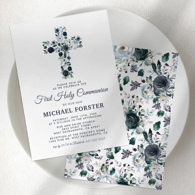 First Holy Communion Boy's Blue Floral Cross Invitation (Creator Uploaded)