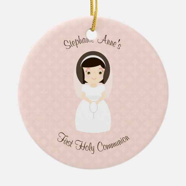 First Holy Communion Brunette Girl Ceramic Tree Decoration (Front)