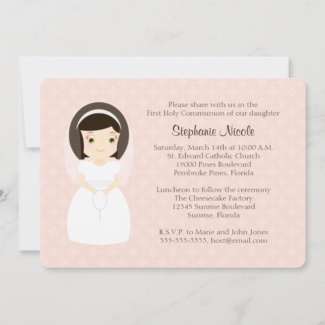 First Holy Communion Brunette Girl Invitation (Front)