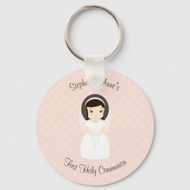 First Holy Communion Brunette Girl Key Ring (Front)