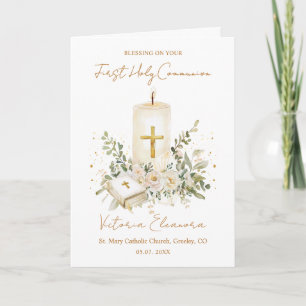 First Holy Communion Candle Bible Greenery Leaves Card