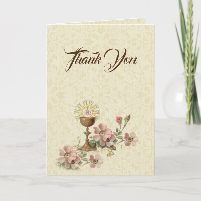 First Holy Communion Catholic Floral Thank You Card (Front)