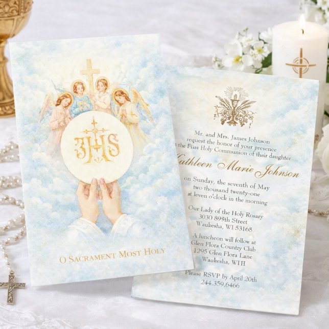 First Holy Communion Catholic Priest Host Angels Invitation (Creator Uploaded)