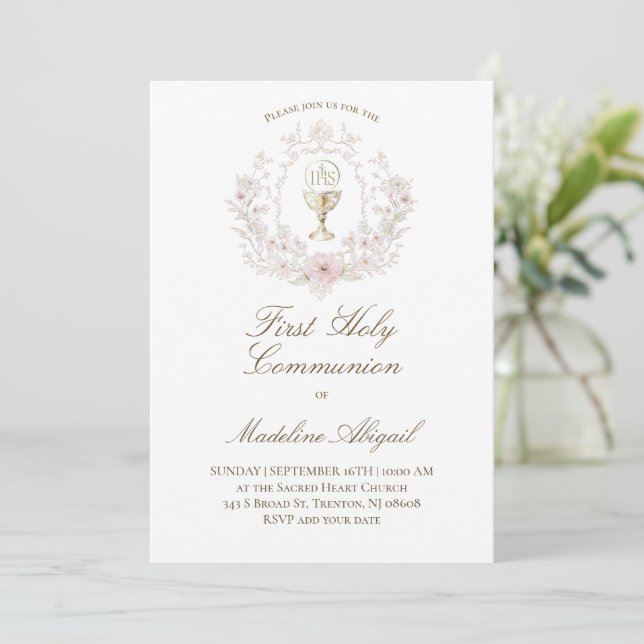 First Holy Communion chalice floral crest Invitation (Standing Front)