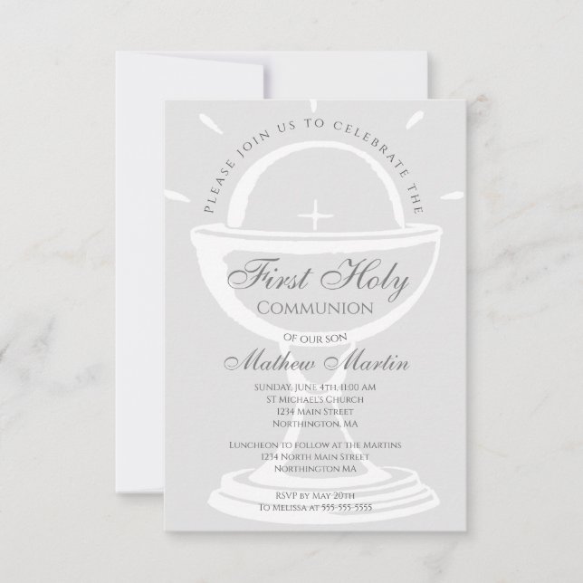 First Holy Communion Chalice Grey Invitation (Front)