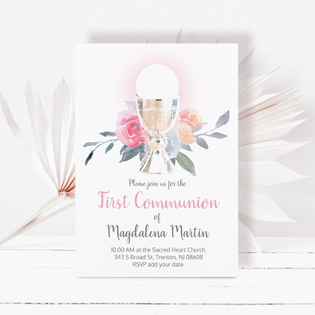 First Holy Communion Chalice Host floral decor Invitation (Creator Uploaded)