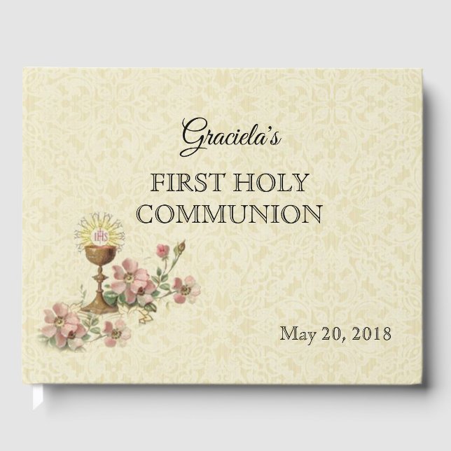 First Holy Communion Chalice Host Pink Flowers Guest Book (Front)