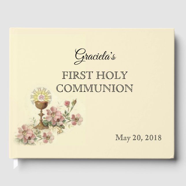 First Holy Communion Chalice Host Pink Flowers Guest Book (Front)
