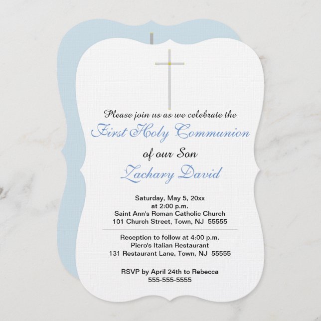 First Holy Communion Cross Blue Invitation (Front/Back)