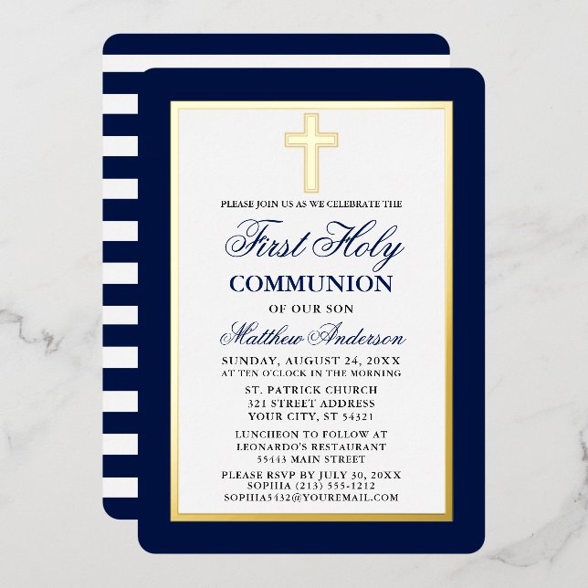First Holy Communion Cross Blue Stripes Gold Frame (Front/Back)