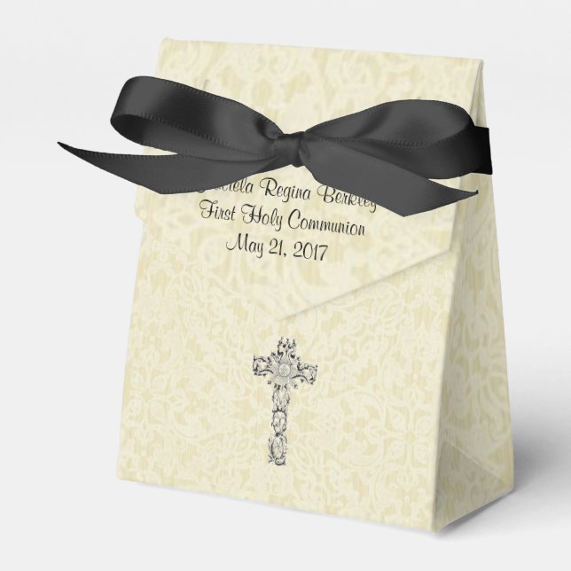First Holy Communion Cross Host Ecru Lace Design Favour Box (Front Side)