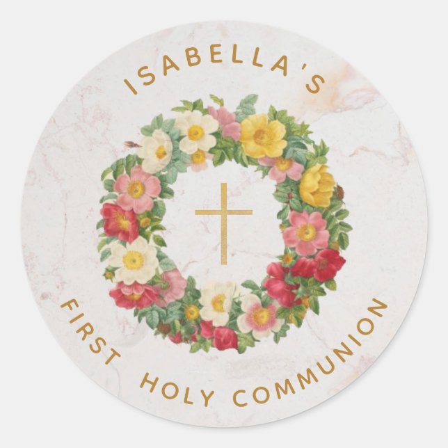 First Holy Communion Cross in Rose Wreath Marble Classic Round Sticker (Front)