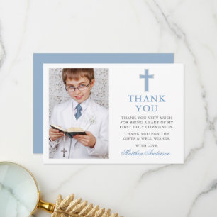 First Holy Communion Cross Light Blue Photo Thank You Card
