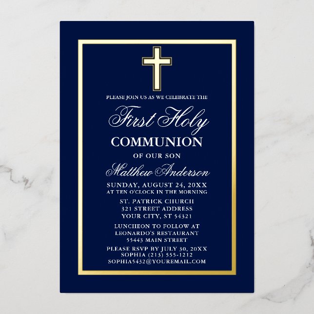 First Holy Communion Cross Navy Blue Gold (Front)