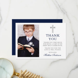 First Holy Communion Cross Navy Blue Photo Thank You Card