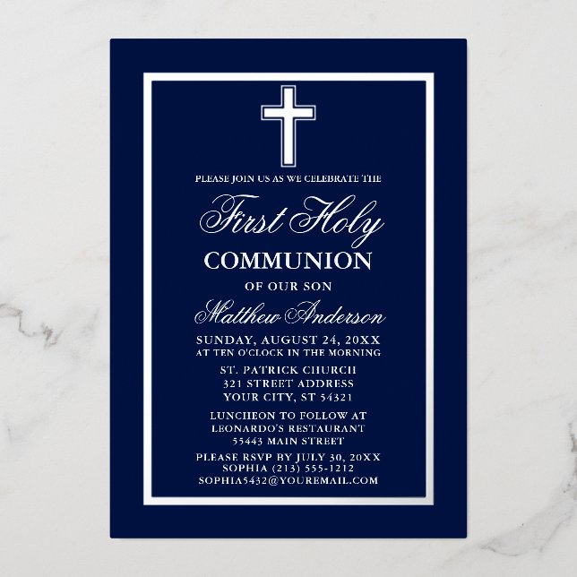 First Holy Communion Cross Navy Blue Silver (Front)