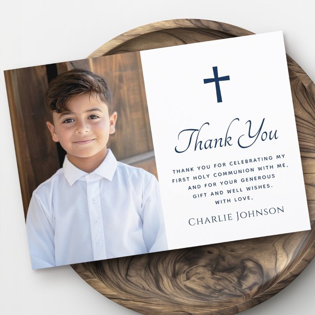 First holy communion cross photo dark blue white thank you card (First holy communion cross photo dark blue white thank you card)