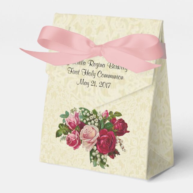First Holy Communion Cross Roses Ecru Lace Design Favour Box (Front Side)