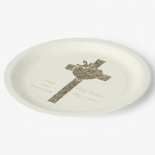 First Holy Communion Cross with Dove and Heart Paper Plate (Angled)
