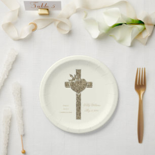 First Holy Communion Cross with Dove and Heart Paper Plate