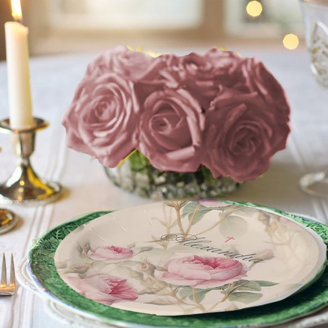 First Holy Communion Custom Silver Colour Rose Paper Plate (Creator Uploaded)