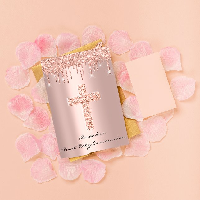 First Holy Communion Drips Rose Christian Cross Invitation (Creator Uploaded)