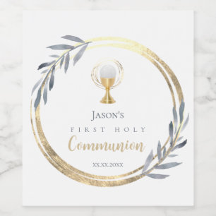 First Holy communion dusty blue faux gold foil   Wine Label