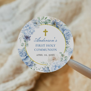 First Holy Communion Dusty Blue Floral Classic Round Sticker
