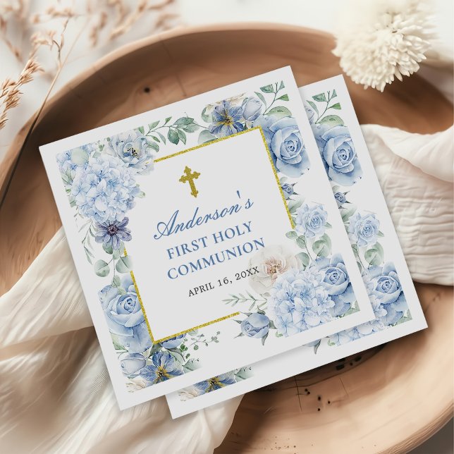 First Holy Communion Dusty Blue Floral Napkin (Creator Uploaded)