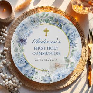 First Holy Communion Dusty Blue Floral Paper Plate