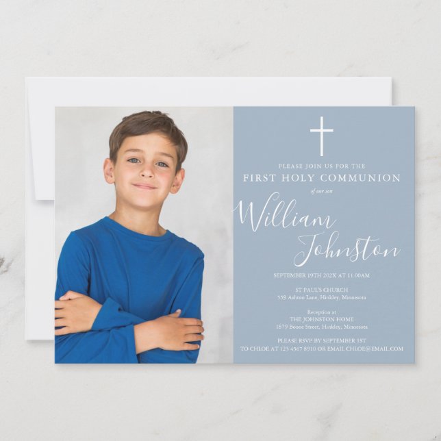 First Holy Communion Dusty Blue Script Photo Invitation (Front)